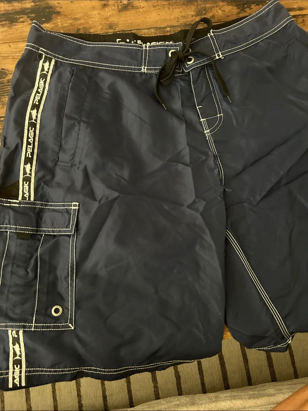 Pelagic Men's Navy Blue Swim Board Shorts with White Stitching 36